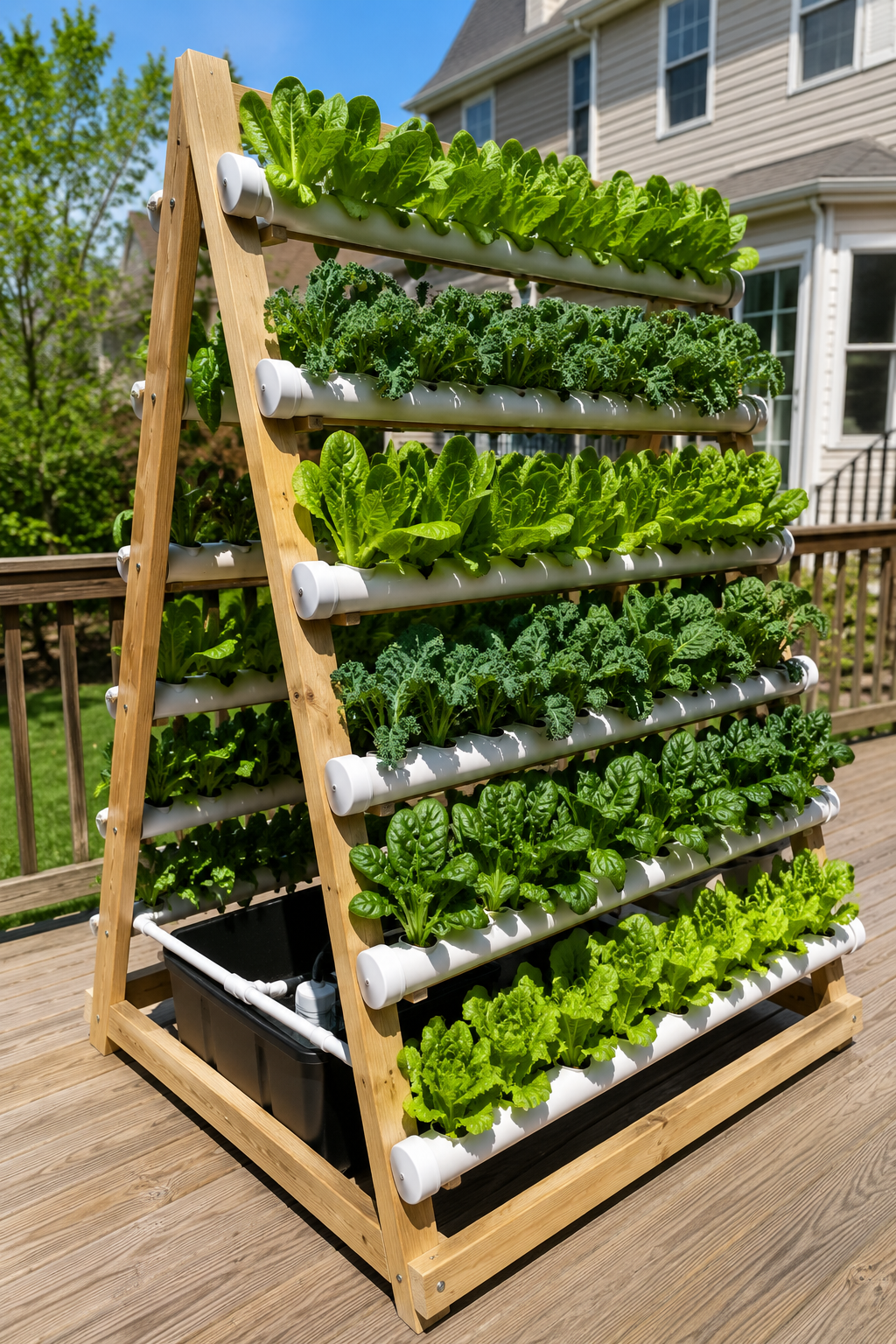 A-Frame hydroponic system on a sunny suburban backyard deck with six rows of romaine lettuce, kale, and spinach at full harvest stage, black reservoir visible at base, wooden frame structure