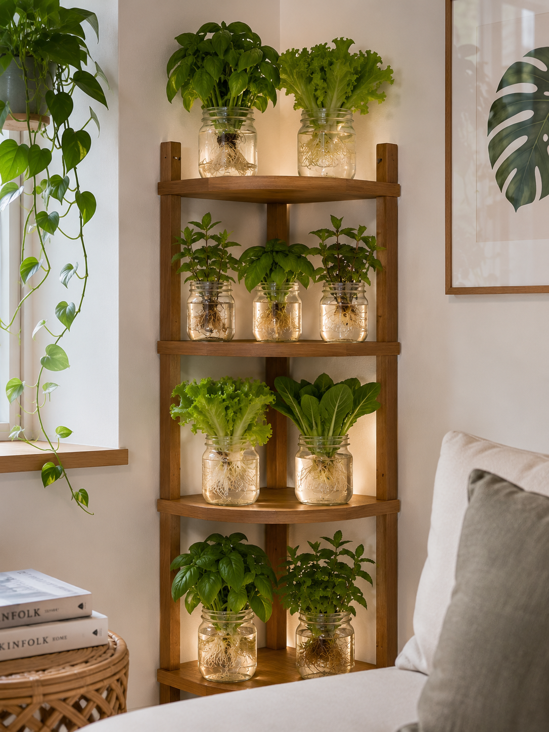 White hydroponic tower on apartment balcony at sunset, multiple varieties of lettuce and herbs growing from vertical pockets, city skyline in background, wheels at base