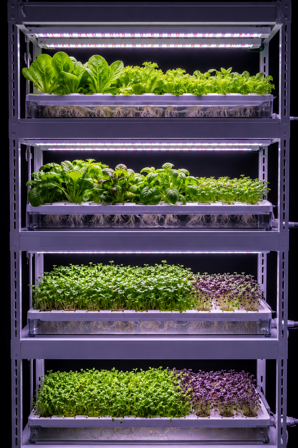 Indoor grow rack system with four tiers of hydroponic trays under LED grow lights, growing lettuce, basil, and microgreens at various stages, dramatic purple-white lighting against dark background