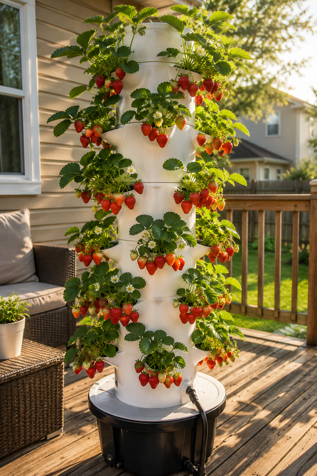 White hydroponic tower garden on a sunny suburban deck covered in ripe red strawberries cascading from every planting pocket, black reservoir at base, warm golden hour light