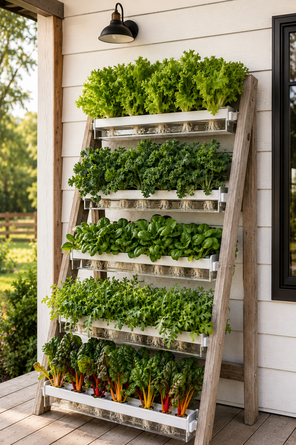 A-Frame vertical hydroponic system on a farmhouse porch with multiple rows of leafy greens and visible white roots