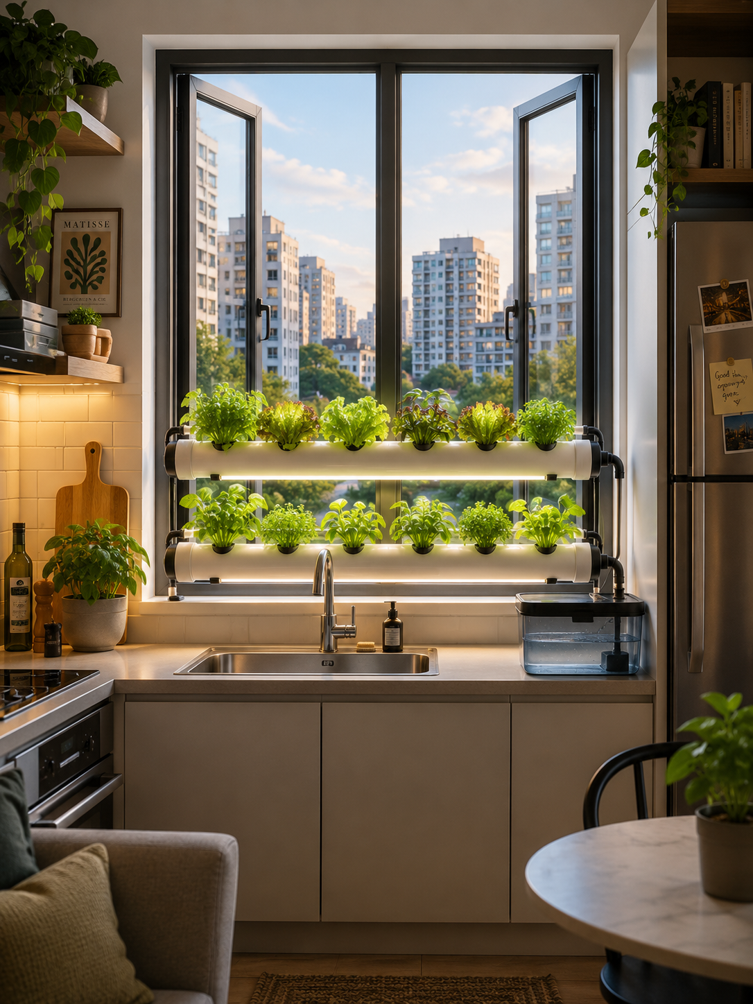 NFT hydroponic pipes mounted on apartment kitchen window frame with lettuce and herbs growing toward natural light, city view in background, LED strip lights visible